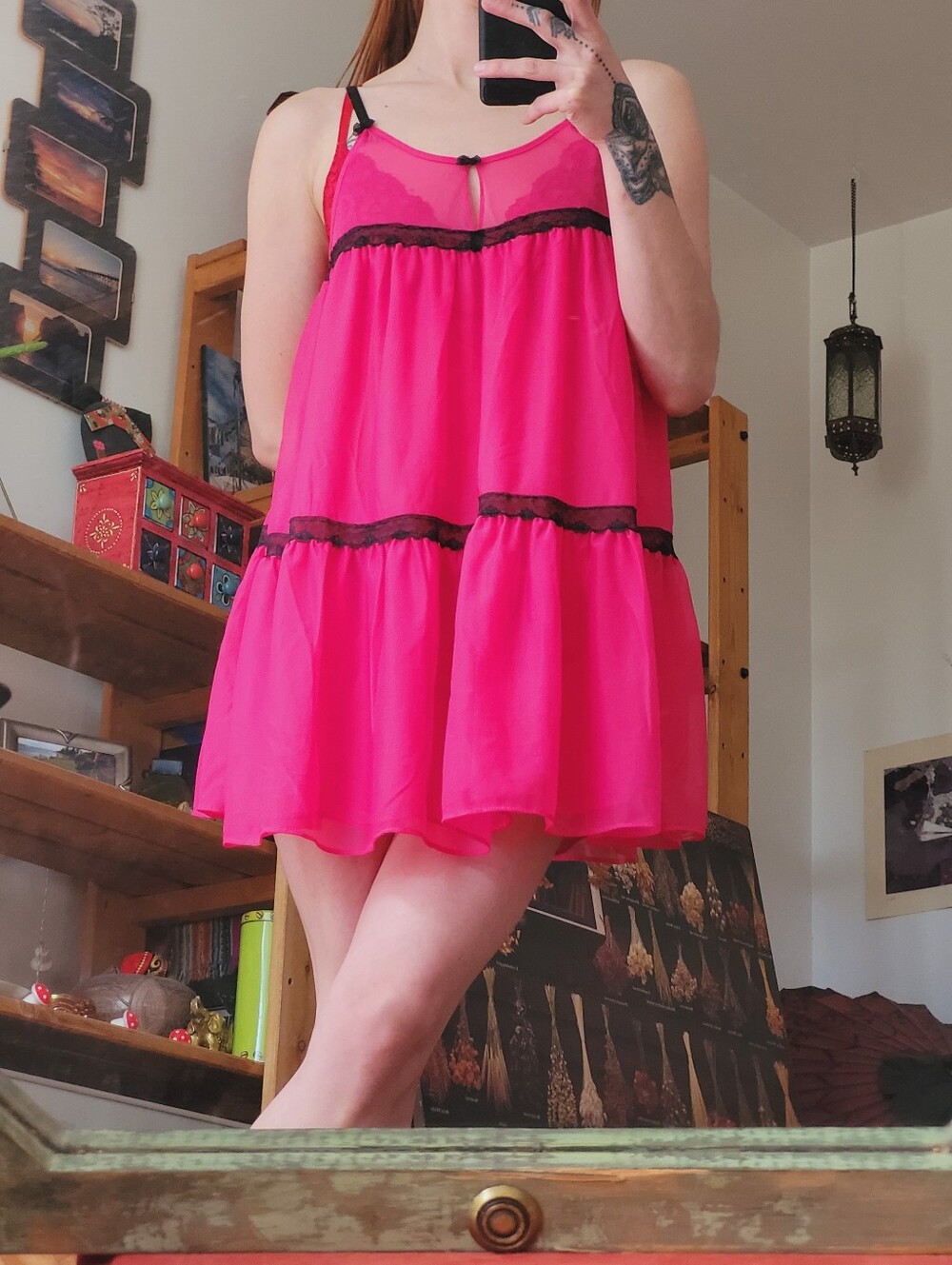 Betsey Johnson Y2k Hot Pink Black Lace Sheer Babydoll Fairy Flowy Chemise - M